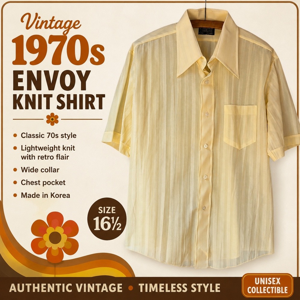 Vintage 70s Envoy Knit Shirt Mens Large Yellow Wide Collar Short Sleeve Retro